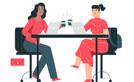 Två personer sitter vid ett bord med varsin laptop och skålar med takeaway-muggar. (En illustration)