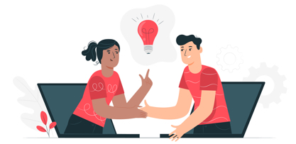 Två personer tittar ut ur varsin laptop och pratar om idéer med varandra. (En illustration)